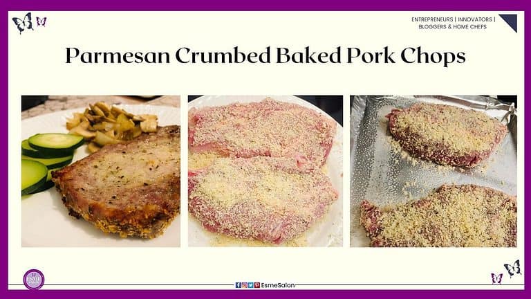 an image of Parmesan Crumbed Baked Pork Chops, baked with veggies, raw and ready to be baked