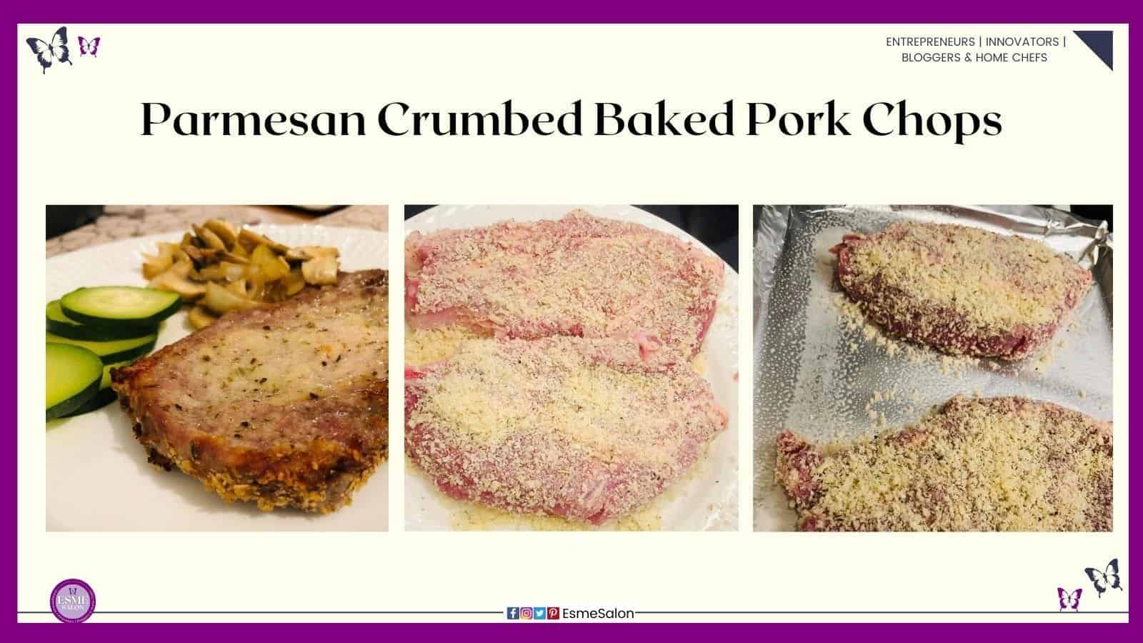 an image of Parmesan Crumbed Baked Pork Chops, baked with veggies, raw and ready to be baked
