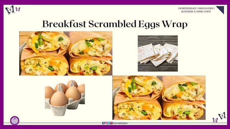 an image of 4 wraps filled with scrambled eggs, onions and green peppers
