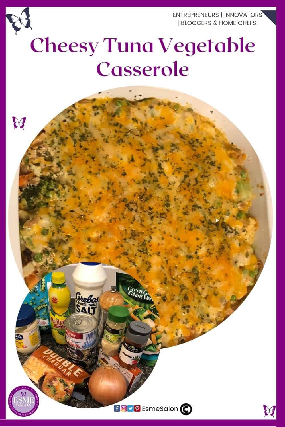 an image of a Cheesy Tuna Vegetable Casserole baked dish as well as ingredients