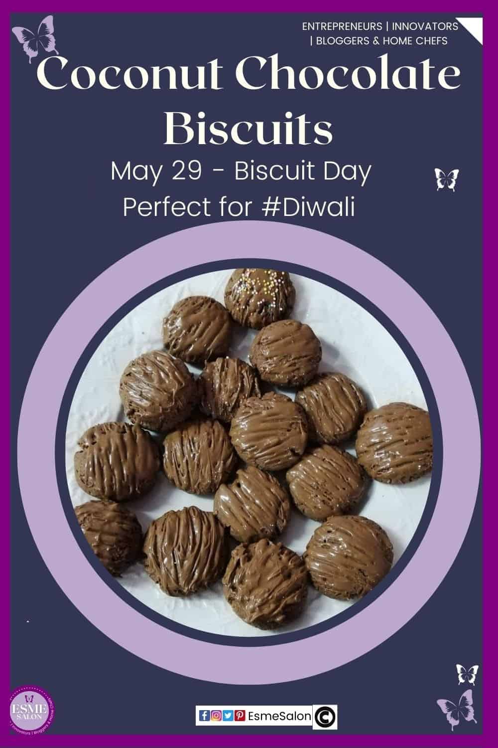 an image of round Coconut Chocolate Biscuits on a while plate