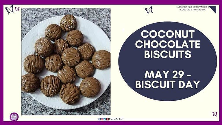 an image of round Coconut Chocolate Biscuits on a while plate