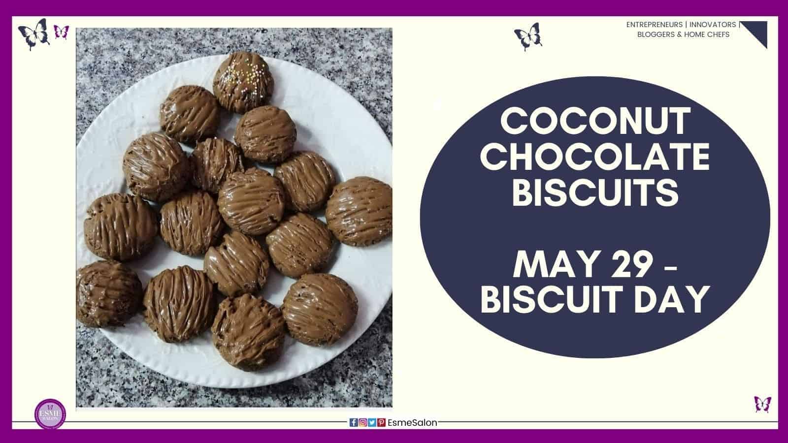 an image of round Coconut Chocolate Biscuits on a while plate