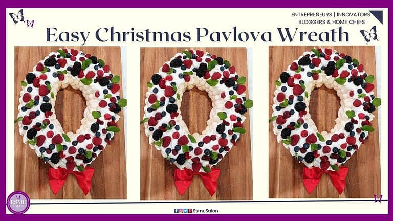 an image of a round Christmas Pavlova Wreath with lots of fruit, mint leaves and a red bow red at the bottom