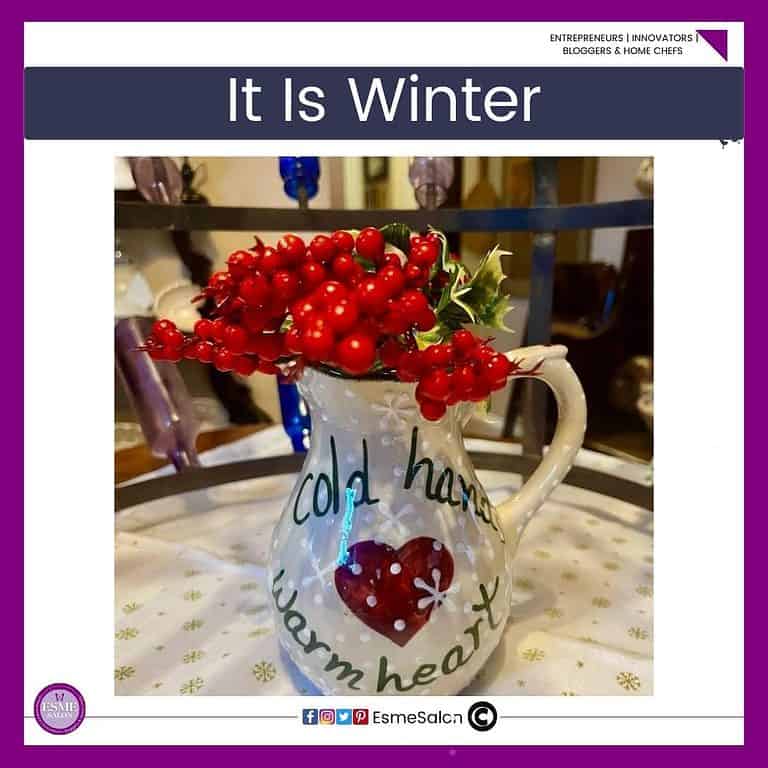 an image a a large white white water jug filled with red berries