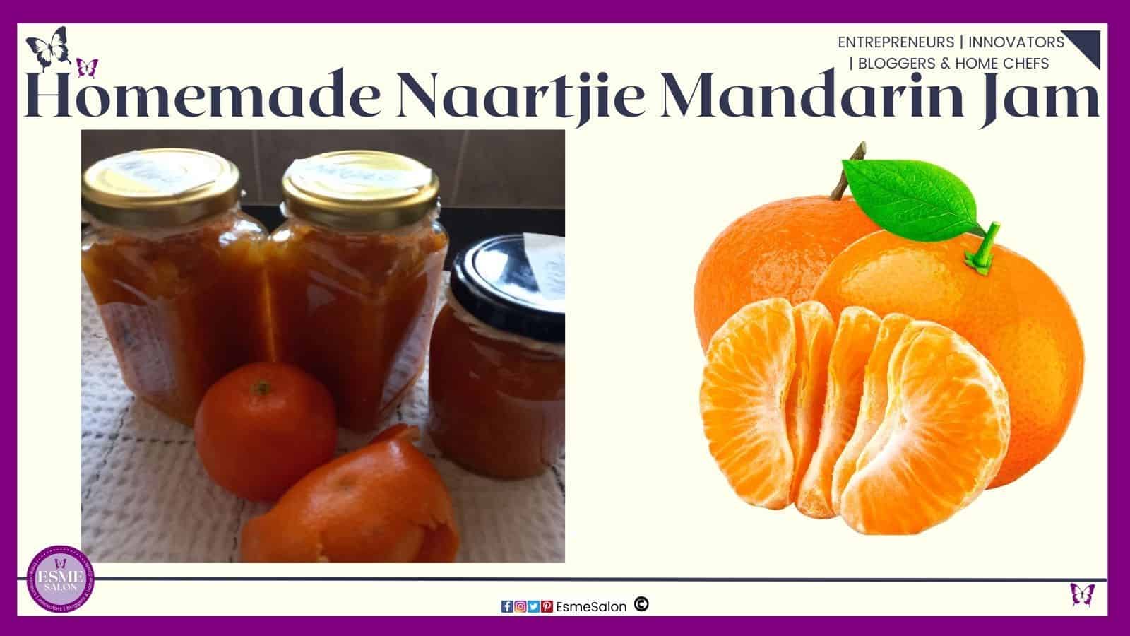 an image of three glass jars with lids filled with Homemade Naartjie Mandarin Jam as well as a madarin and some mandarin peels in front of the bottles