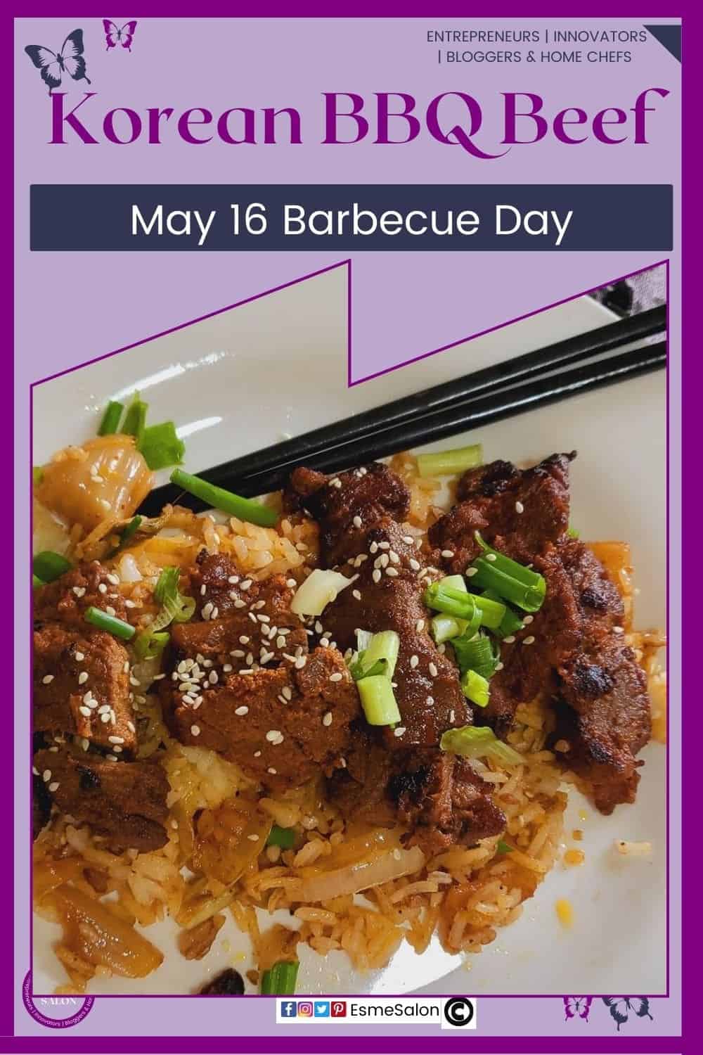 an image of Korean BBQ Beef with rice , and spring onions