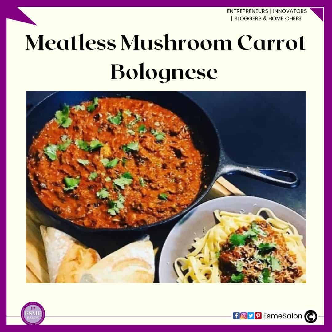 an image of a black round dish filled with Meatless Mushroom Carrot Bolognese