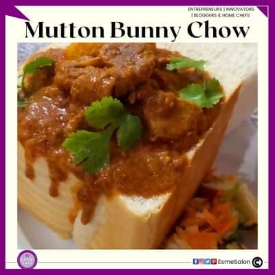 an image of Mutton Bunny Chow (mutton with gravy in a hollow out bread)