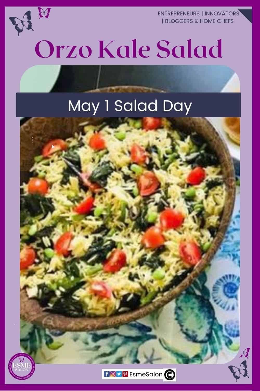 an image of a wooden bowl with an Orzo Kale Summer Salad