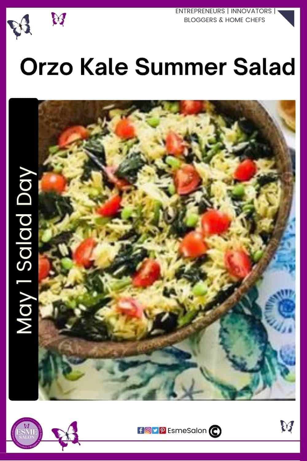 an image of a wooden bowl with an Orzo Kale Summer Salad