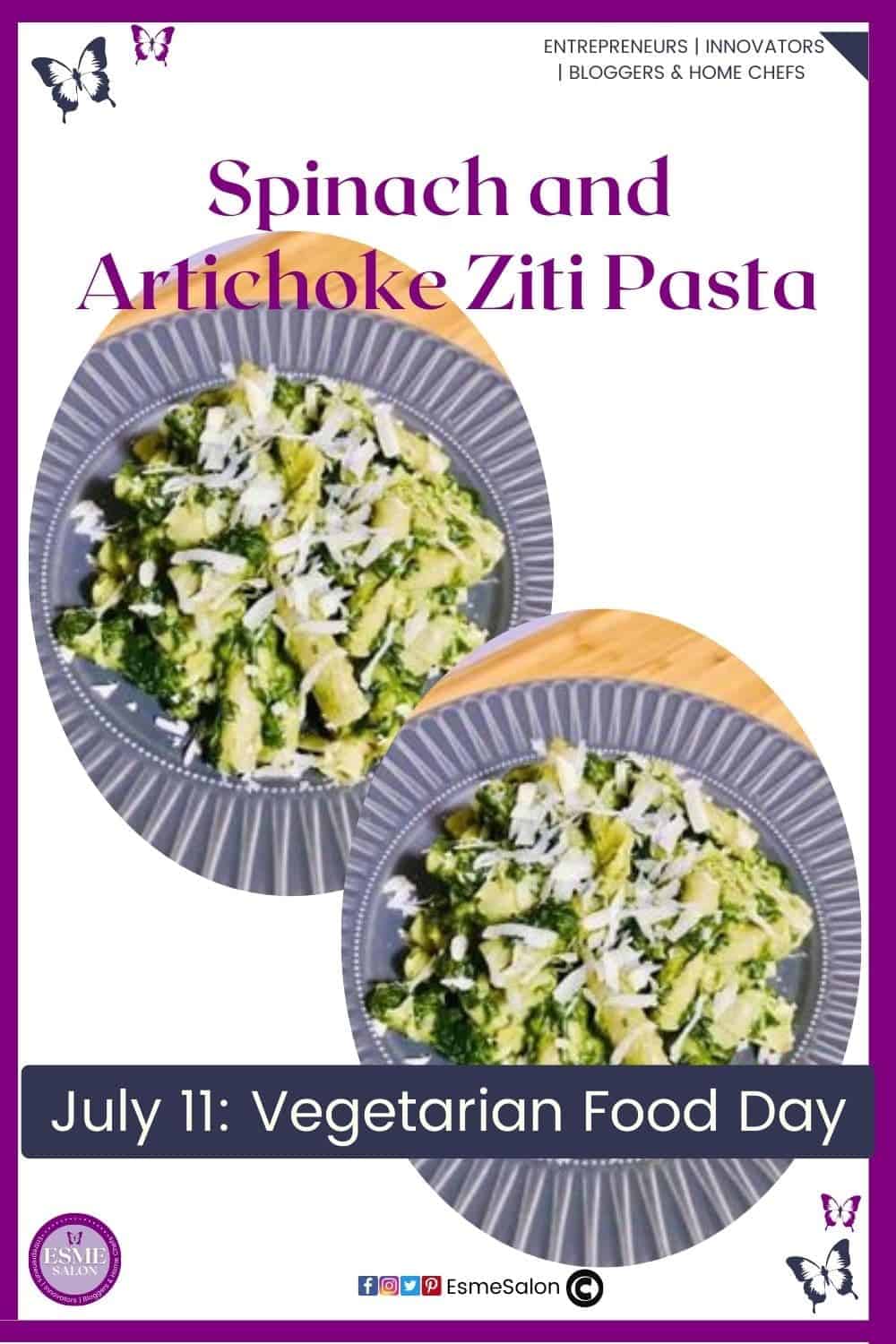 an image of a blue plate filled with Spinach & Artichoke Ziti Pasta