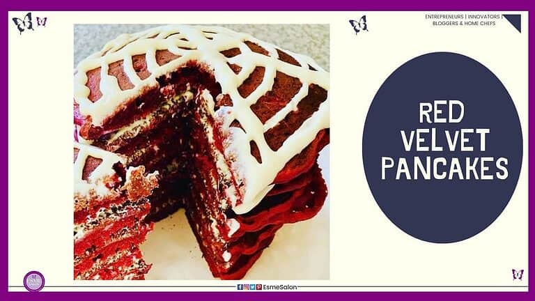 an image of a stack of Red Velvet Pancakes with white frosting