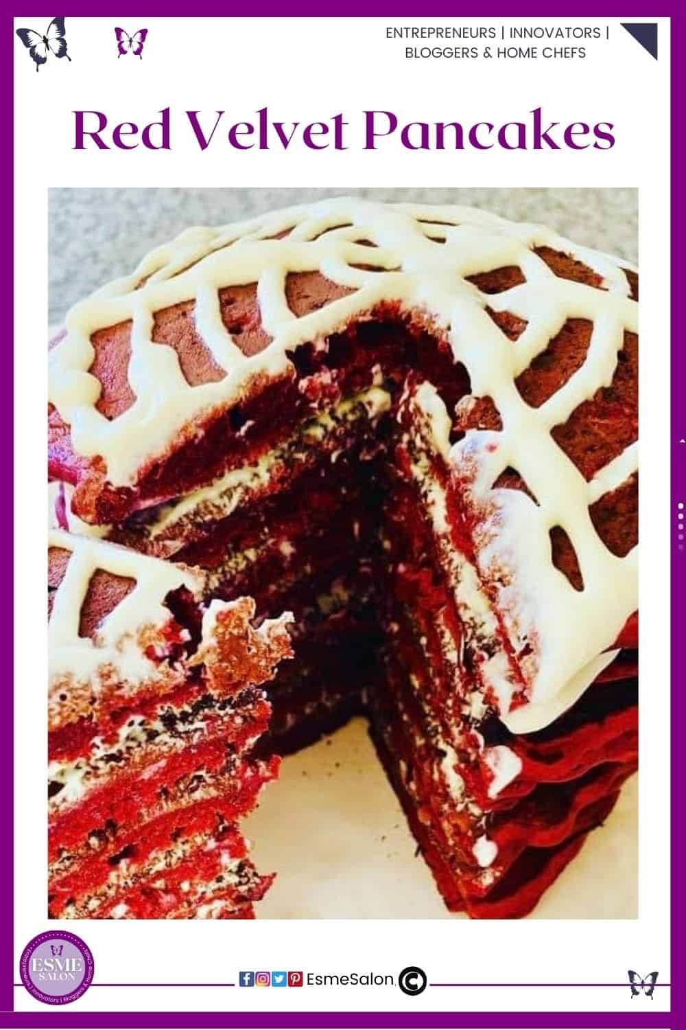 an image of a stack of Red Velvet Pancakes with white frosting