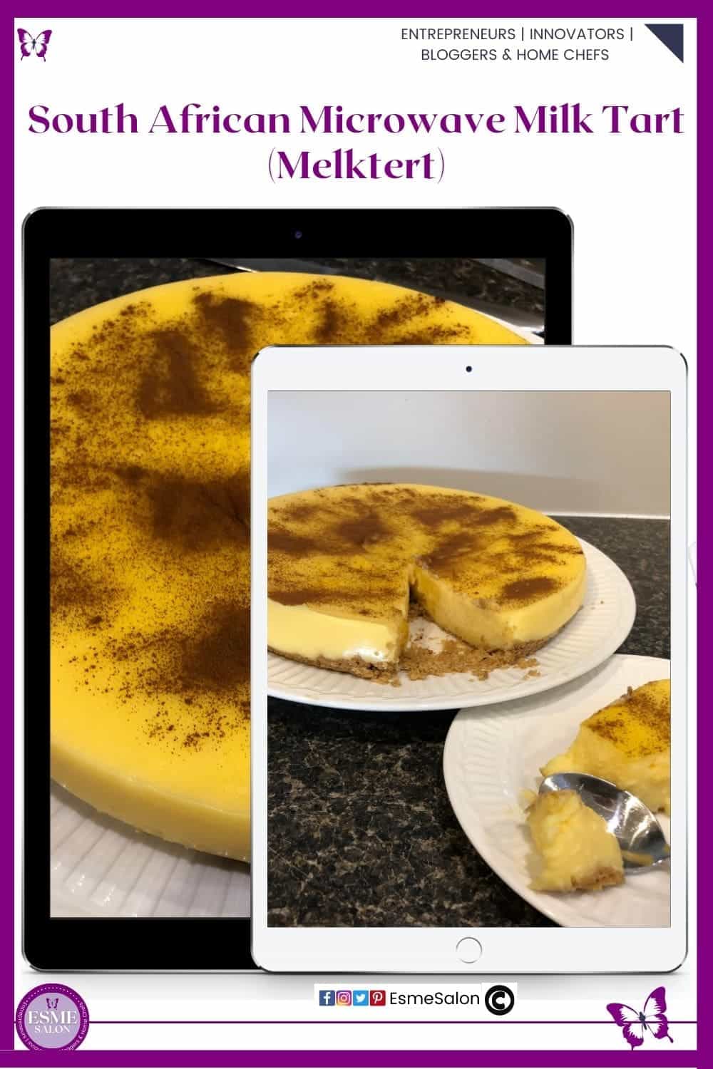 an image of a baked South African Microwave Milk Tart (Melktert) sliced