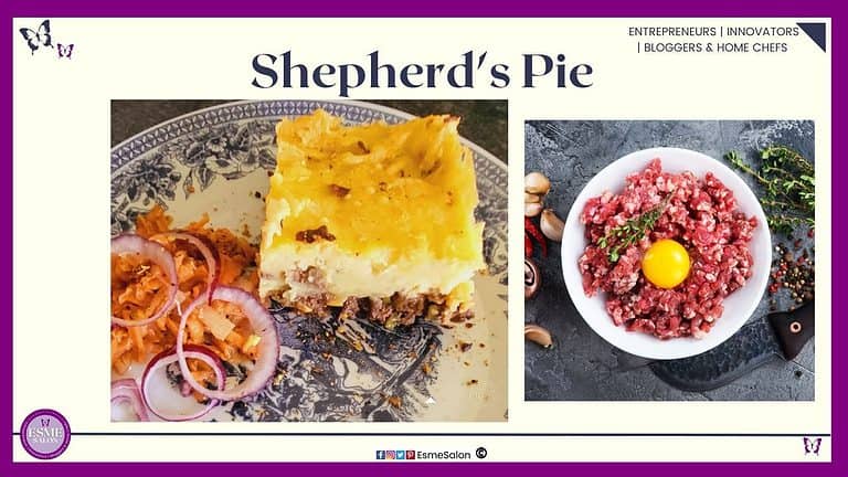 an image of a blue Delft plate with a block of Shepherd's Pie and a side of salad