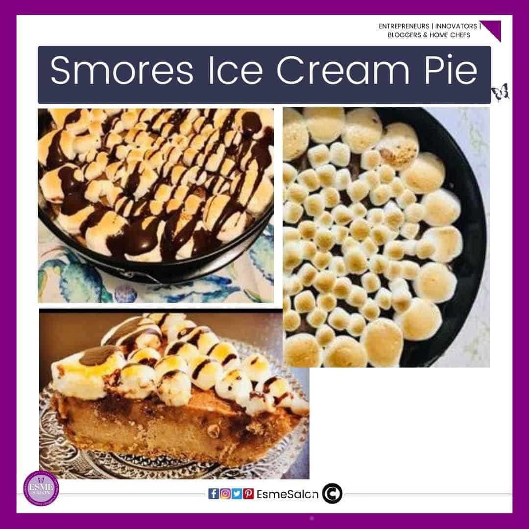 an image of a springform pan with a Smores Ice Cream Pie drizzled with chocolate and a slice on the side