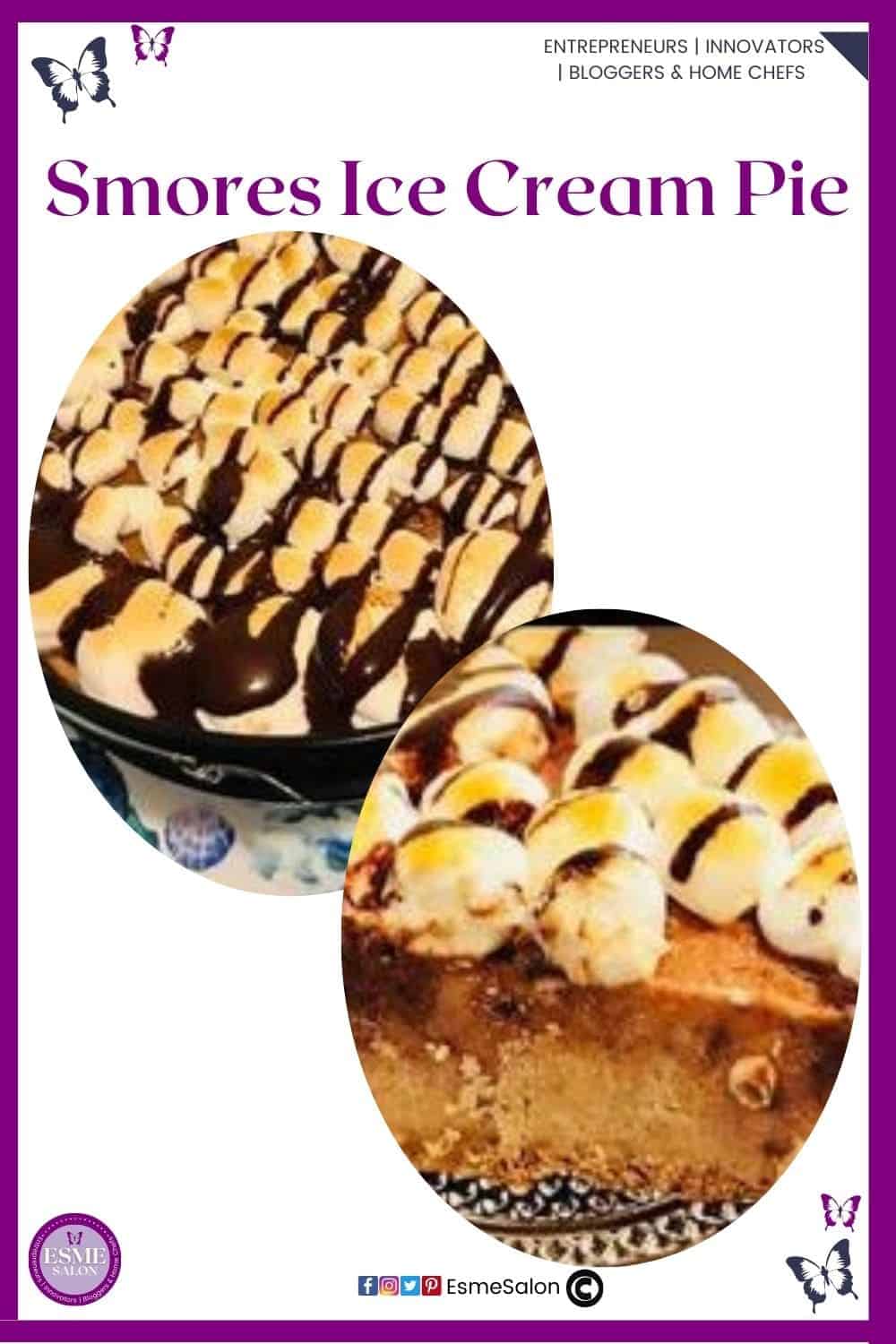 an image of a springform pan with a Smores Ice Cream Pie drizzled with chocolate and a slice on the side