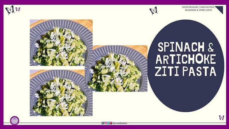 an image of a blue plate filled with Spinach & Artichoke Ziti Pasta