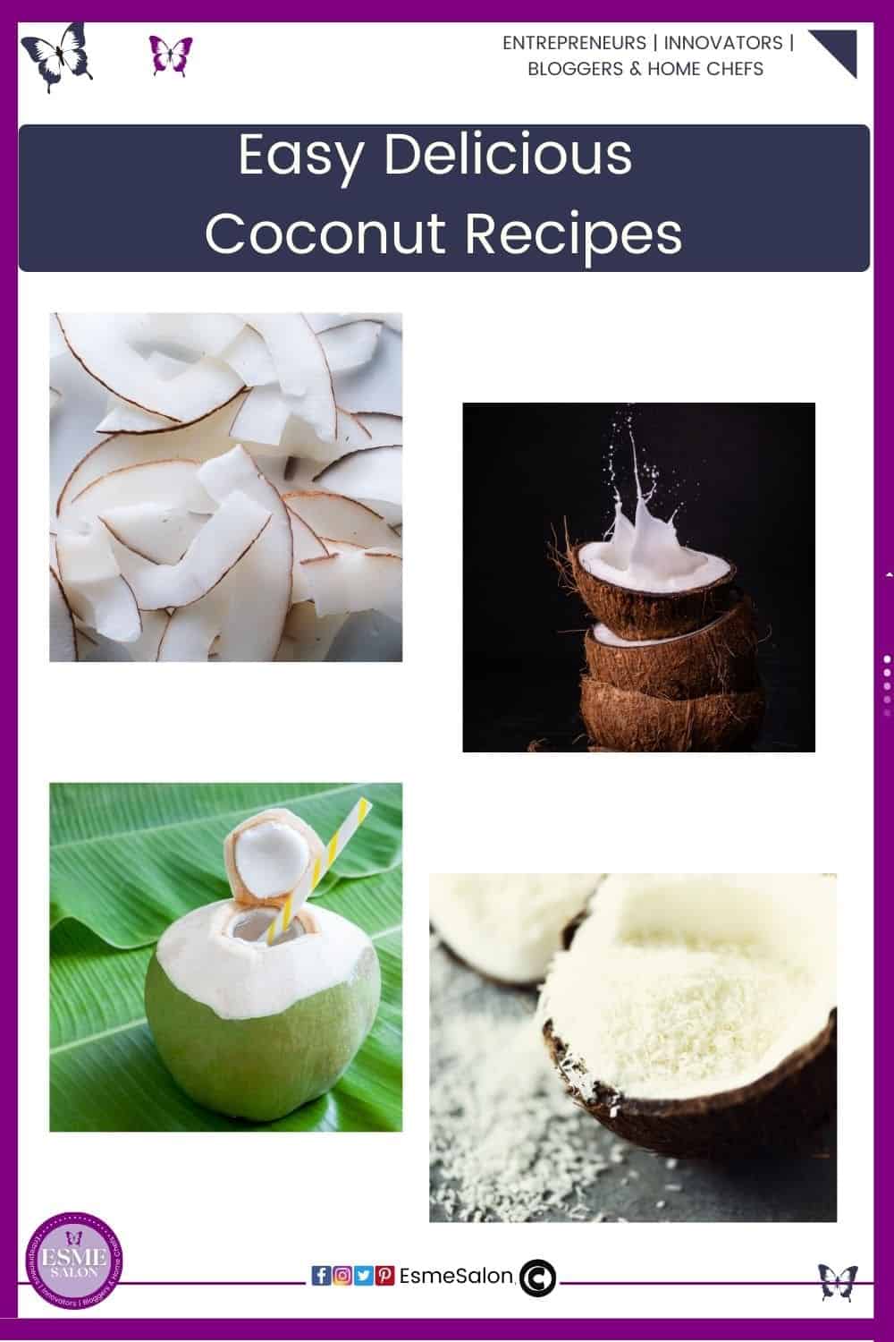 an image of shaved coconut, coconut milk, whole coconut with milk and a straw and fine coconut