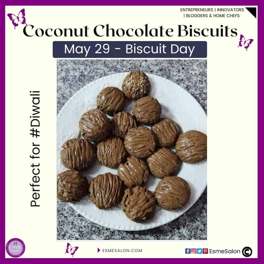 an image of brown chocolate Coconut Chocolate Biscuits on a white serving dish