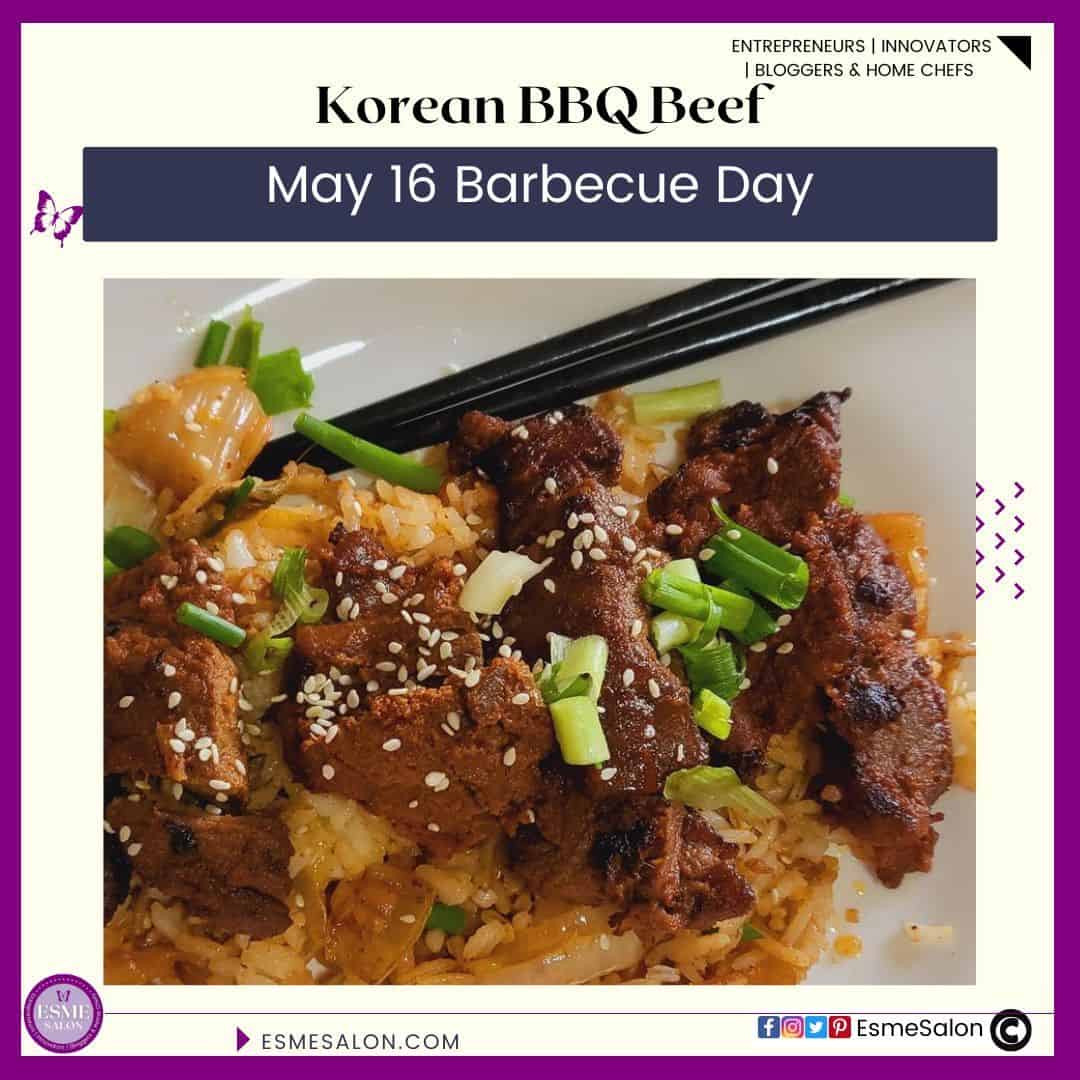 an image of a plate filled with Korean BBQ Beef sprinkled with sesame seeds and chopsticks on the side