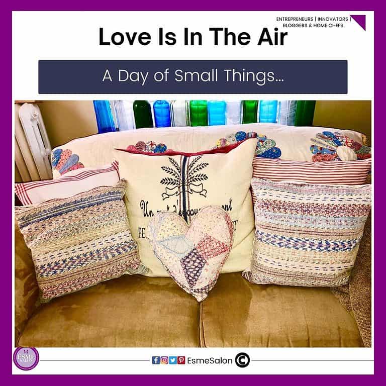 an image of a living room with cushions in different patterns as well as one in a heart shape