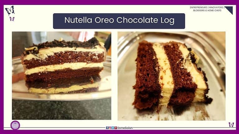 an image of slices Nutella Oreo Chocolate Log with Nutella filling and drizzled with chocolate ganache