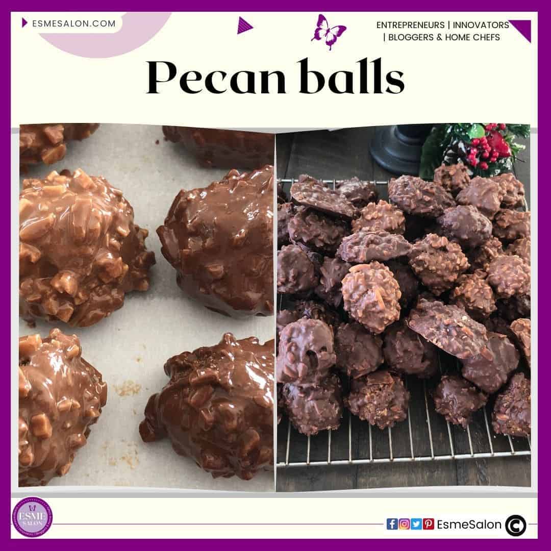 an image of Pecan Balls - recently dipped in chocolate and others on a drying rack already set