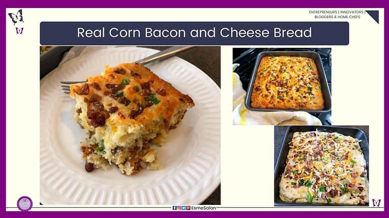 an image of a baked Real Corn Bacon and Cheese Bread but No Cornmeal in a baking tin as well as the one cube plated on a white dinner plate with a fork on the side