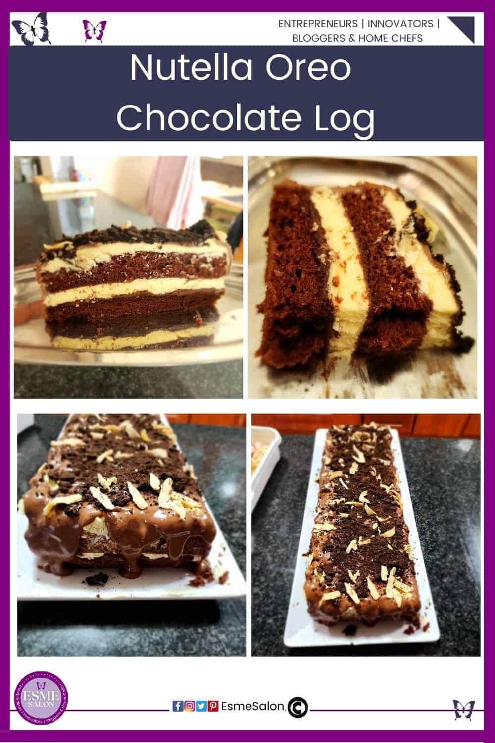 an image of slices Nutella Oreo Chocolate Log with Nutella filling and drizzled with chocolate ganache