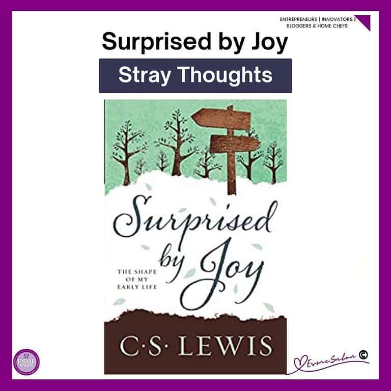 an image of brown outlines of trees on a green background with a signpost and verbiage Surprised by Joy