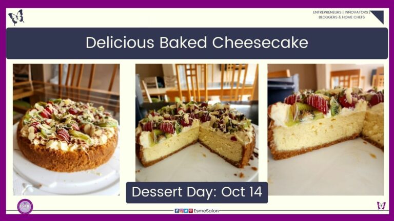 an image of a Baked Cheesecake on a white serving tray and decorated with fresh fruit and chocolate drizzle