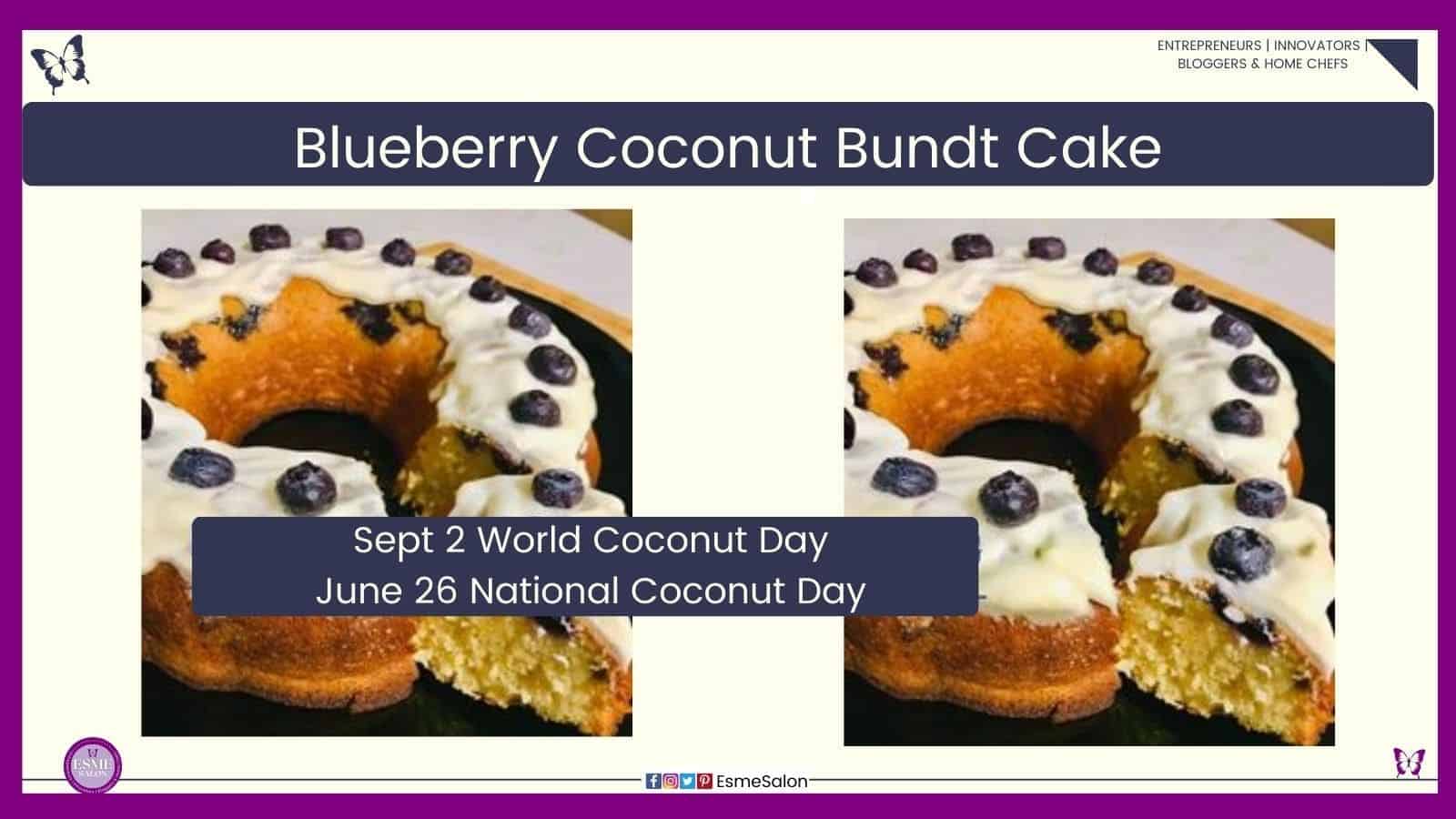 an image of a Blueberry Coconut Bundt Cake with cream cheese topping and decorated with blue berries