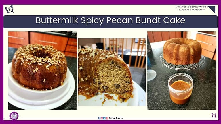 an image of a Buttermilk Spicy Pecan Bundt Cake decorated with the butterscotch sauce and sprinkled with pecan nuts as well as one sliced