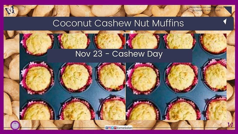 an image of a black muffin pan with pink paper liners and baked Coconut Cashew Nut Muffins