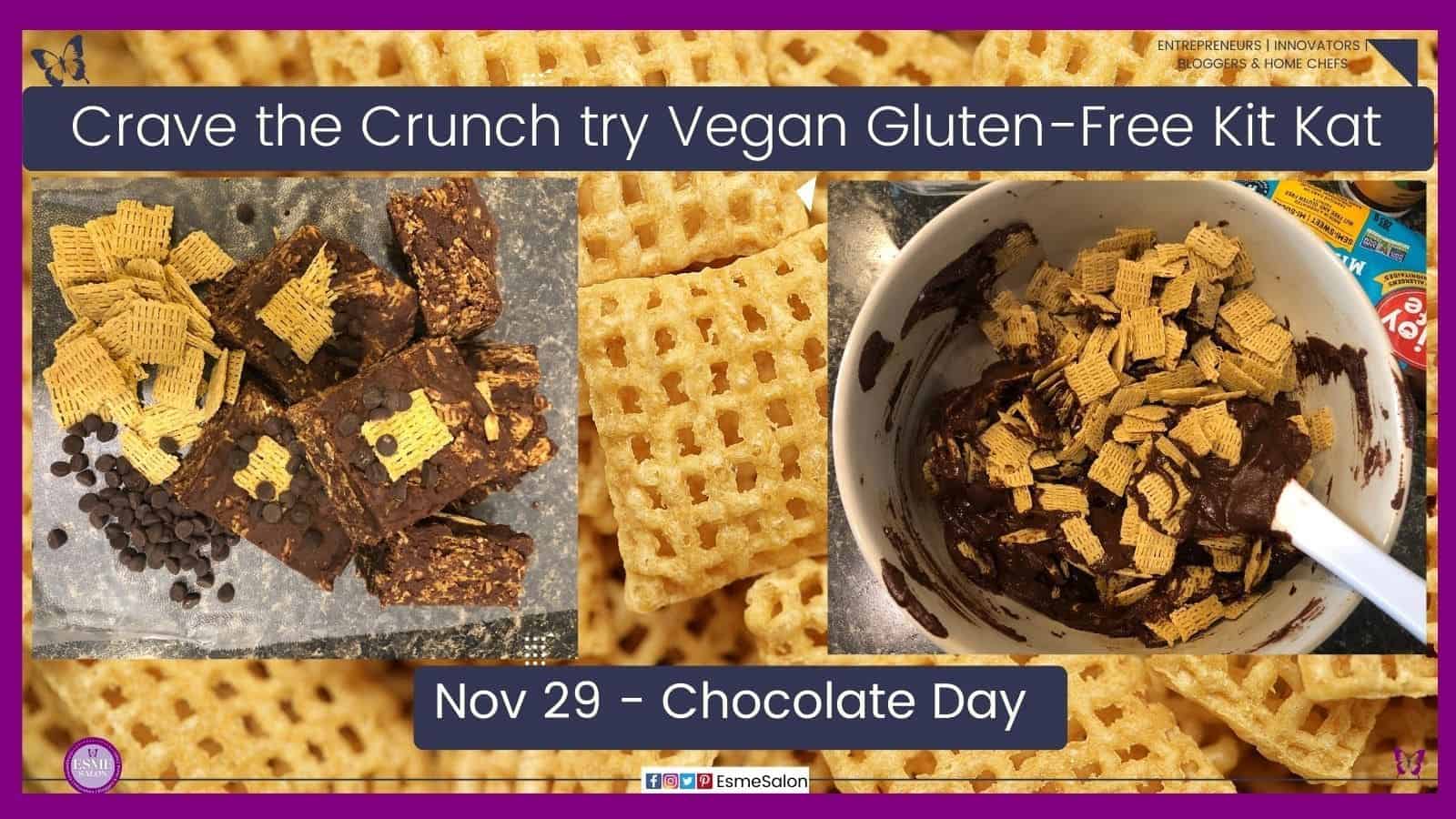 an image of Vegan Gluten Free Kit Kat bars, made out of Rice Chex Cereal and only 4 more ingredients