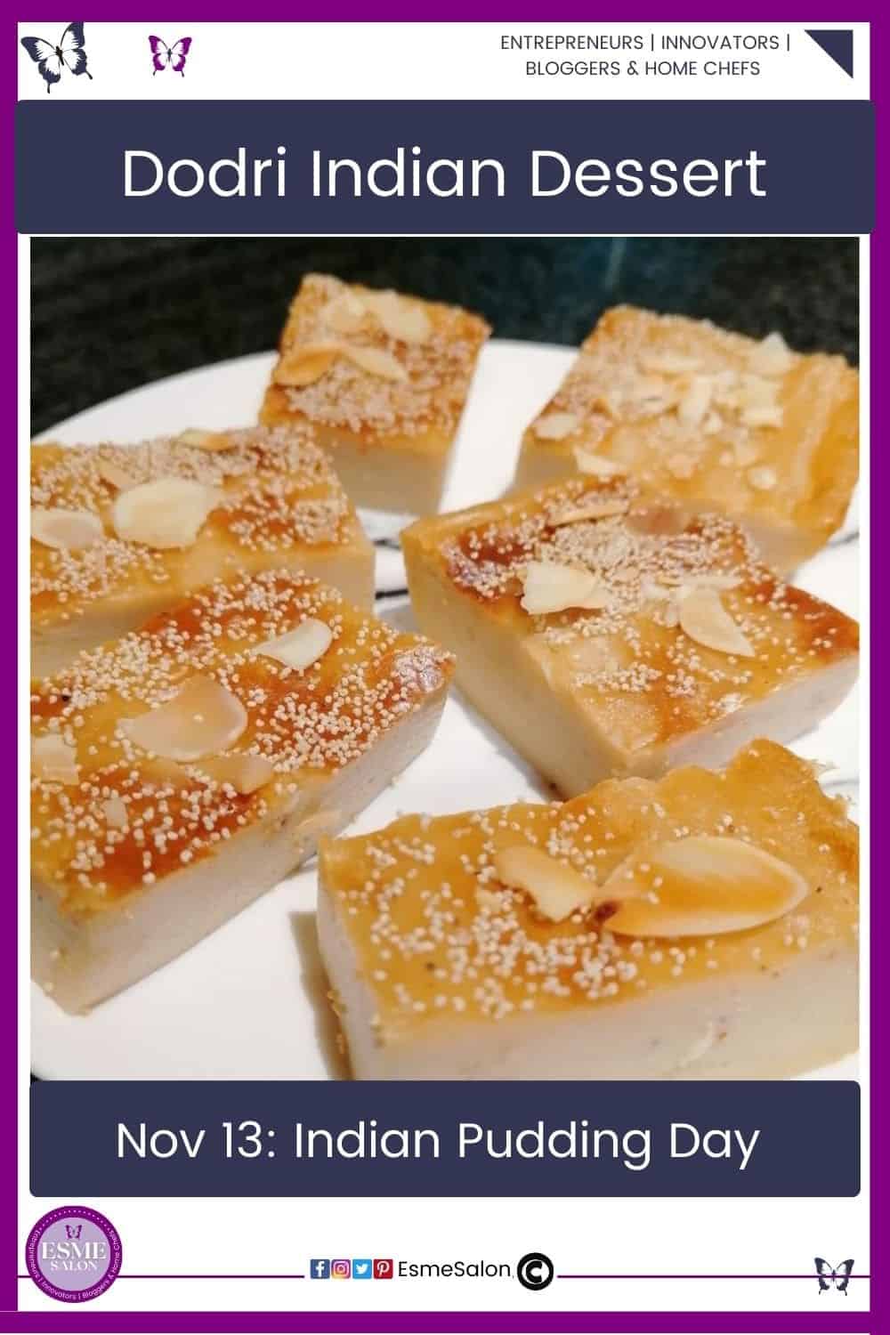 an image of an Indian dessert cut into cubes and sprinkled with white sesame seeds and flaked almonds