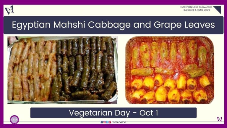 an image of a dish filled with Egyptian Mahshi Cabbage and Grape Leaves as well as one with a red sauce