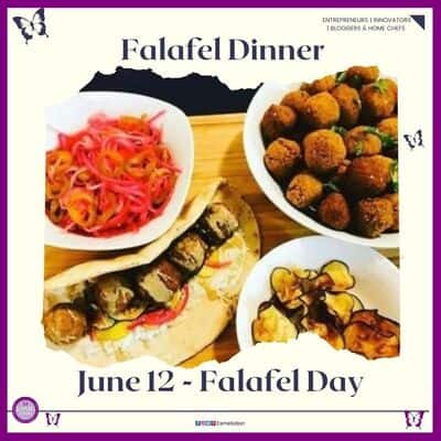 an image of a Falafel Bowl Dinner, 3 white bowls with falafal, veggies, greens and a bun filled with falafal balls