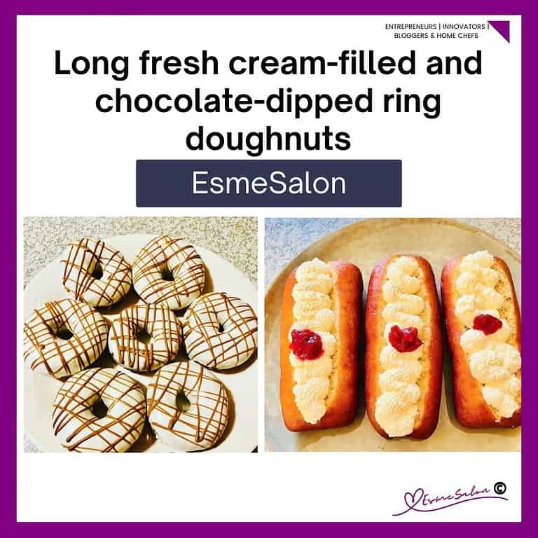 an image of round donuts dipped in white chocolate and drizzled with brown chocolate as well as long doughnuts with cream filling and decorated with a red cherry