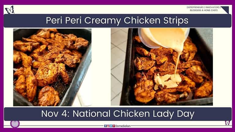 an image of a stainless steel dish with Peri Peri Creamy Chicken Strips and peri peri sauce dripped over the chicken pieces