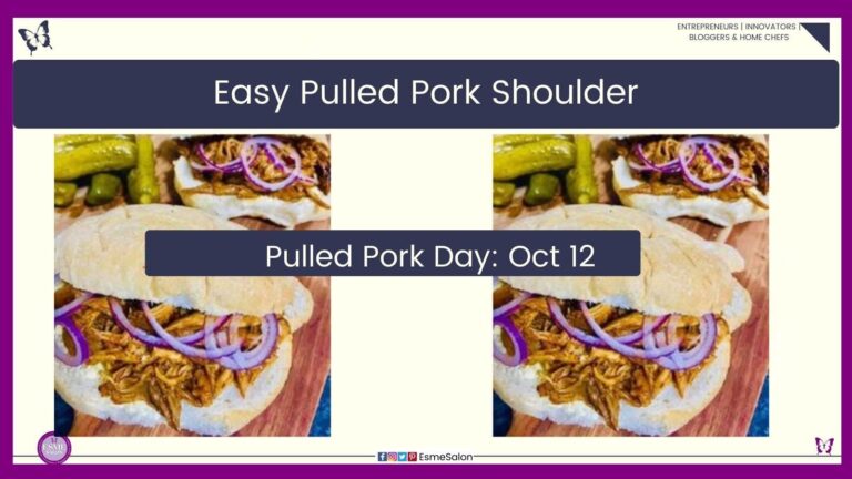 an image of Pulled Pork Shoulder stuffed in a bun with purple onion rings and gherkins on the side.