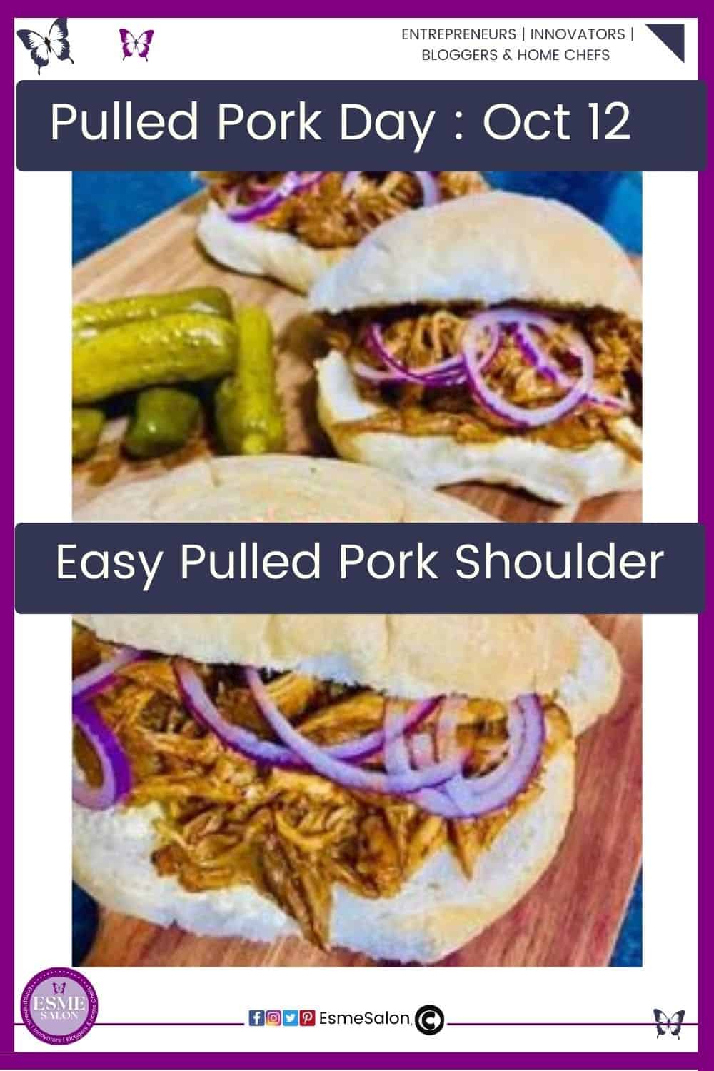 an image of Pulled Pork Shoulder stuffed in a bun with purple onion rings and gherkins on the side.