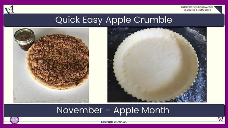 an image of an Apple Crumble with a bottle of syrup and a home made pie crust