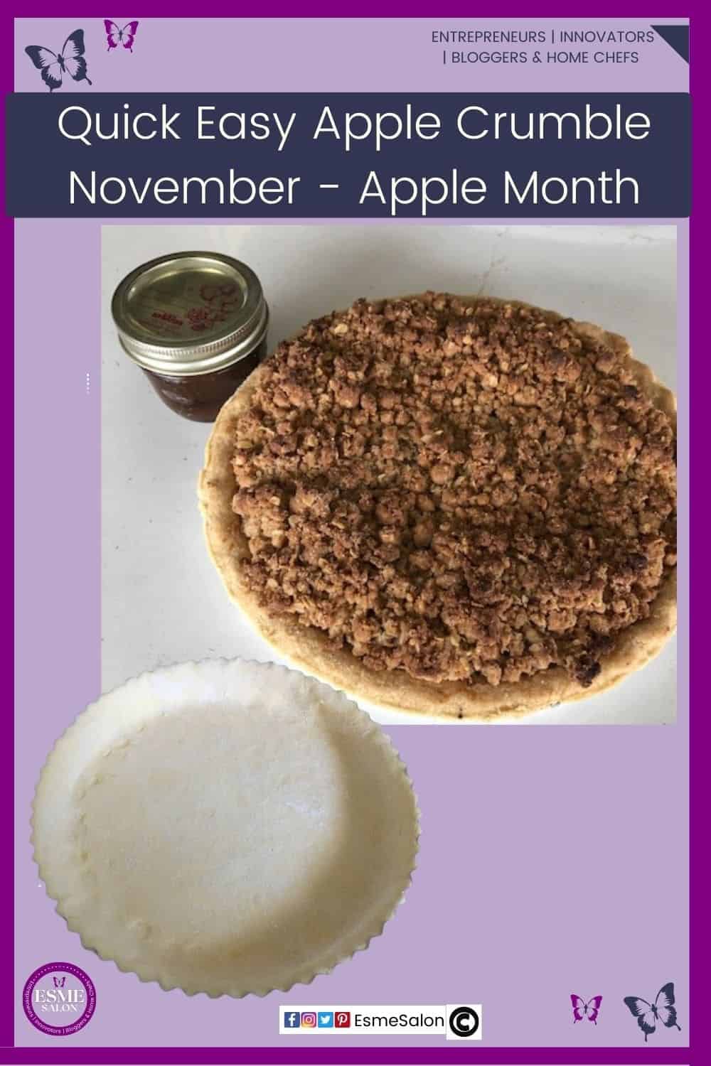 an image of an Apple Crumble with a bottle of syrup and a home made pie crust