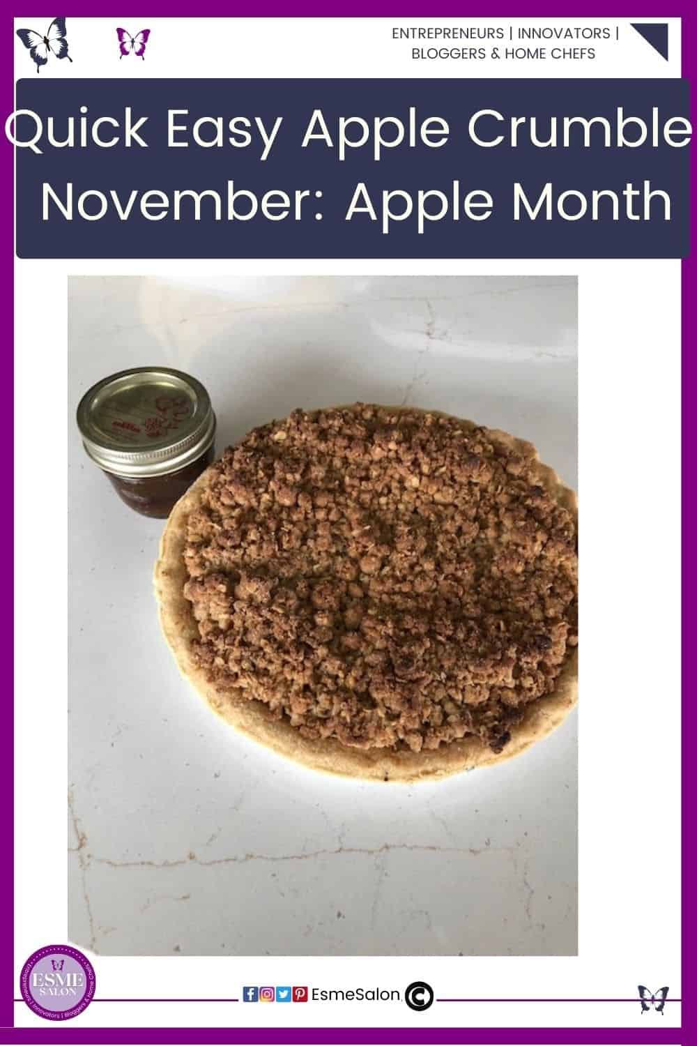 an image of an Apple Crumble with a bottle of syrup
