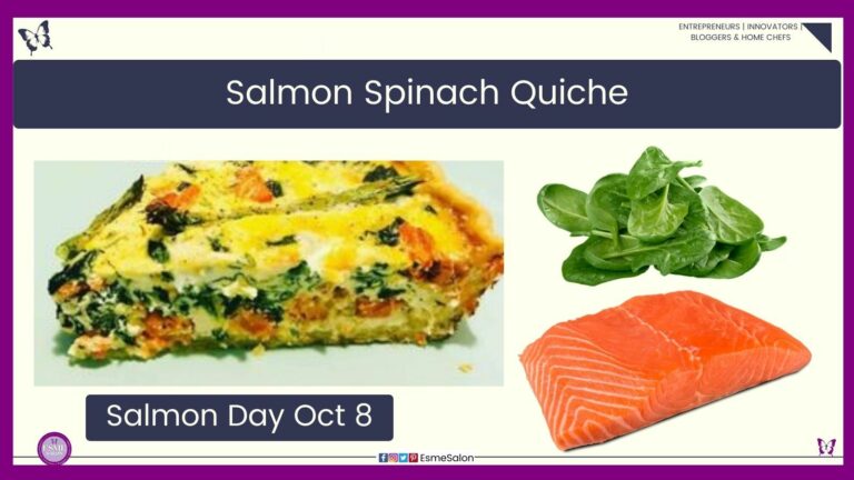 an image of a baking tray with a Salmon Spinach Quiche as well as a slice on a white serving plate