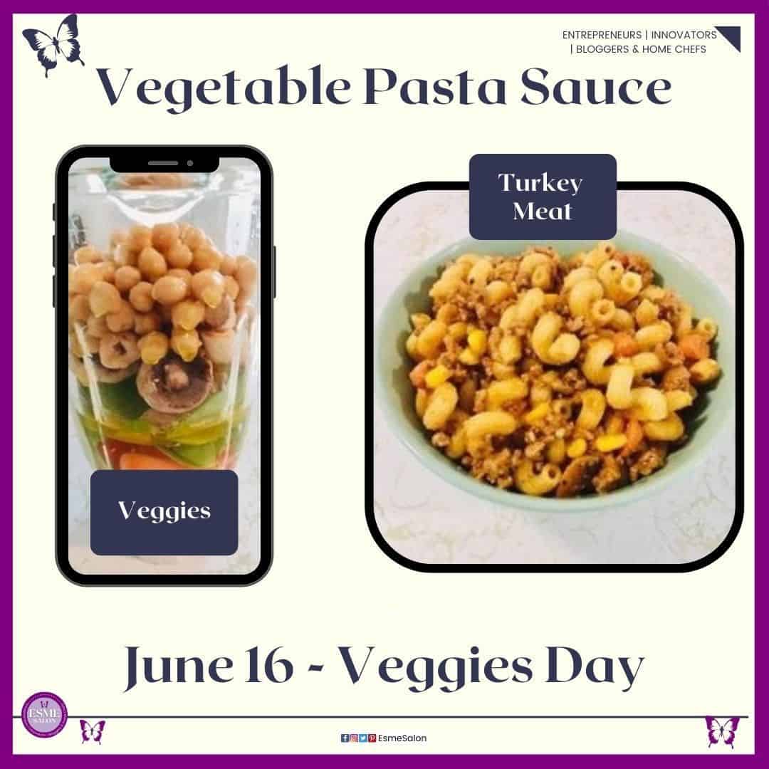 an image of a blender with chickpeas as well as a bowl of Vegetable Pasta Sauce with Turkey Meat