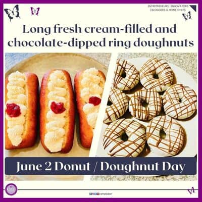 an image of Long fresh cream-filled, and chocolate-dipped ring doughnuts.
